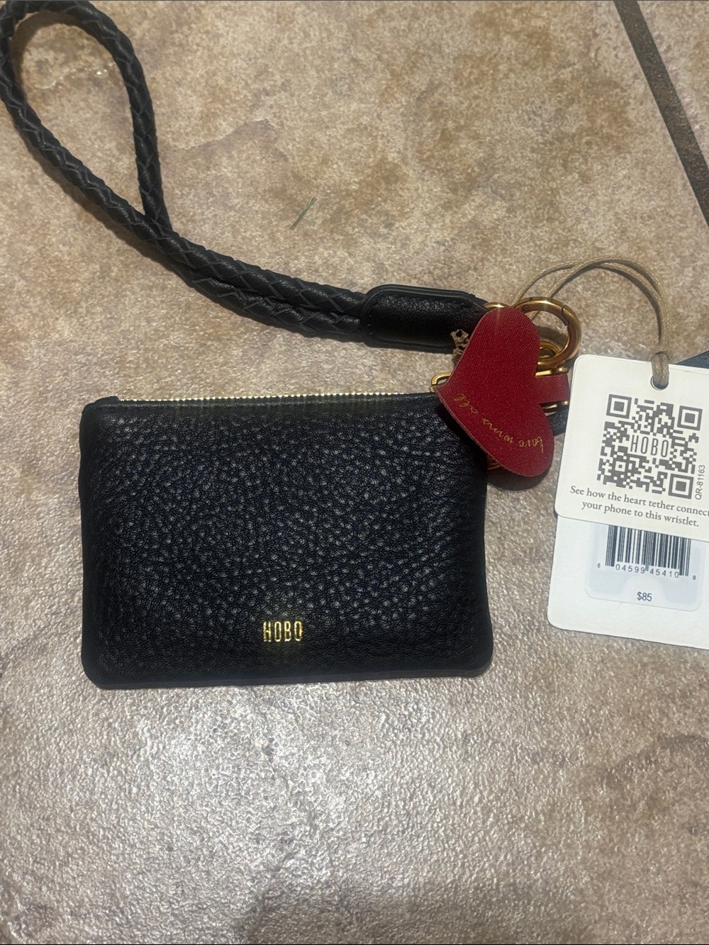 HOBO Black Pebbled Leather Wristlet with Red Heart Key Charm